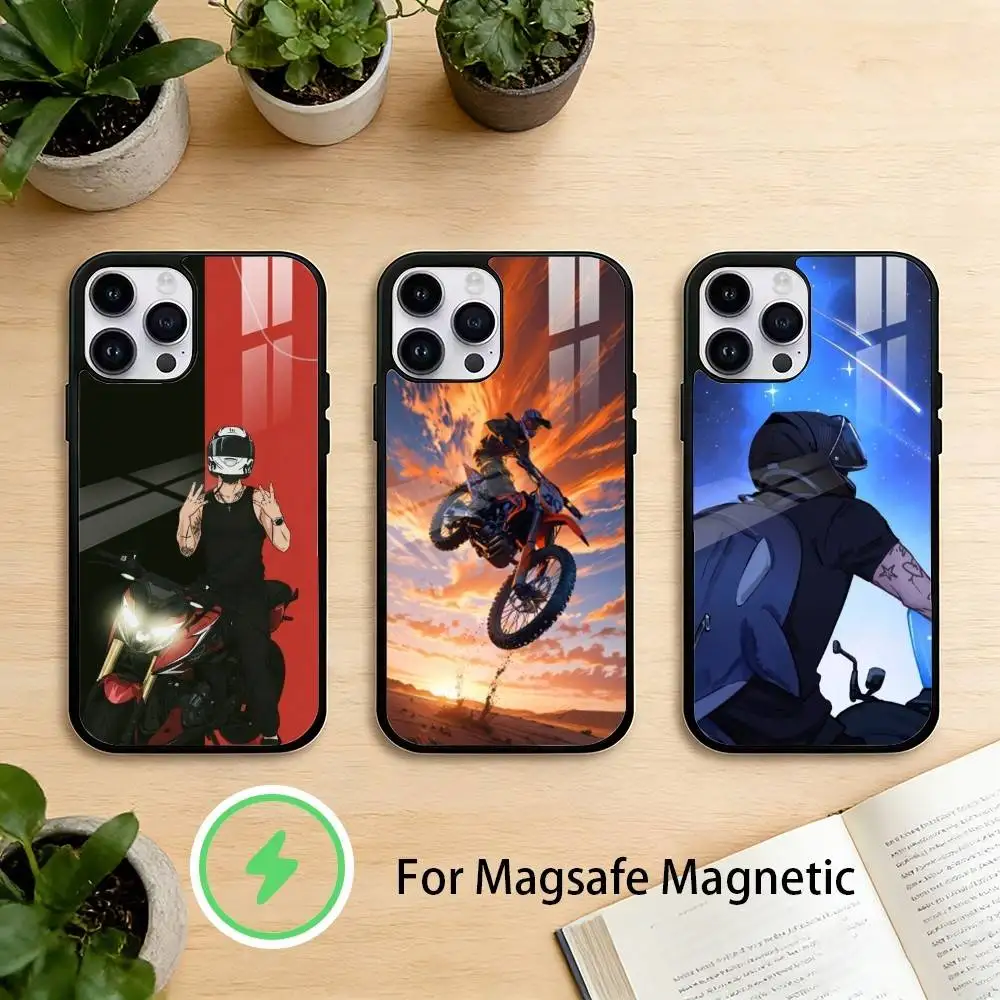 

M-Motorcycle Boy Phone Case For iPhone 17 16 15 14 13 12 Pro Max Plus for Mirror Wireless Magnetic Cover