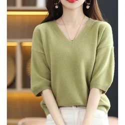 2024V-Neck Sweater Women Knit Short-Sleeve 100%Wool T-Shirt Summer New Pullovers Loose Thin Cashmere Solid Base Shirt Female Top