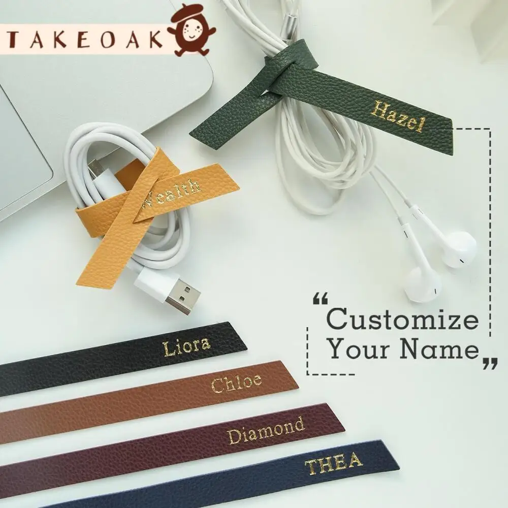 Custom Gold Foil Stamped Name Leather Cable Tie Reusable Cord Organizer Strap for Charger Earphone Wire Personalized Luggage Tag