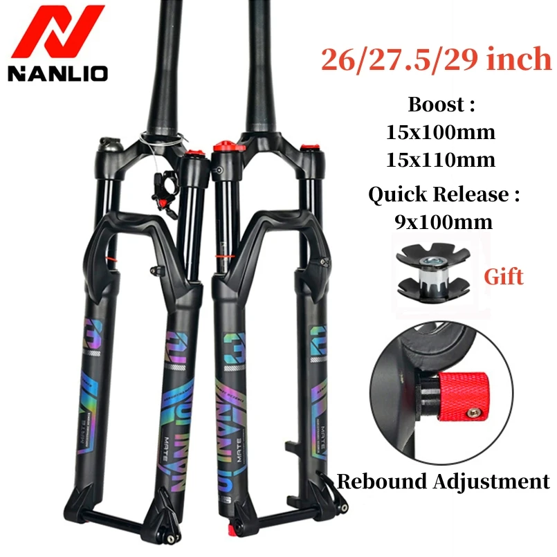 

MTB Air Suspension Fork 29 27.5 Inch 120mm Travel Mountain Bike Fork Thru Axle 15x100 15x110 Quick Release NANLIO Bicycle Fork