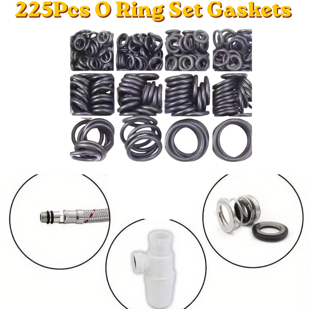 Rubber O Ring Set Gaskets Seal Nitrile Rubber Bands 225Pcs O-Ring Gasket Set Quick Disconnect Rubber Seals Gaskets