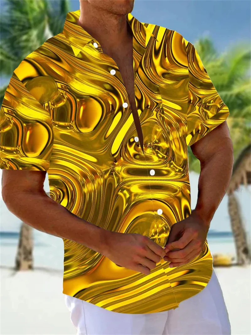 3D printed beach shirt men's yellow retro casual shirt Hawaiian short sleeved fashionable design plus size shirt