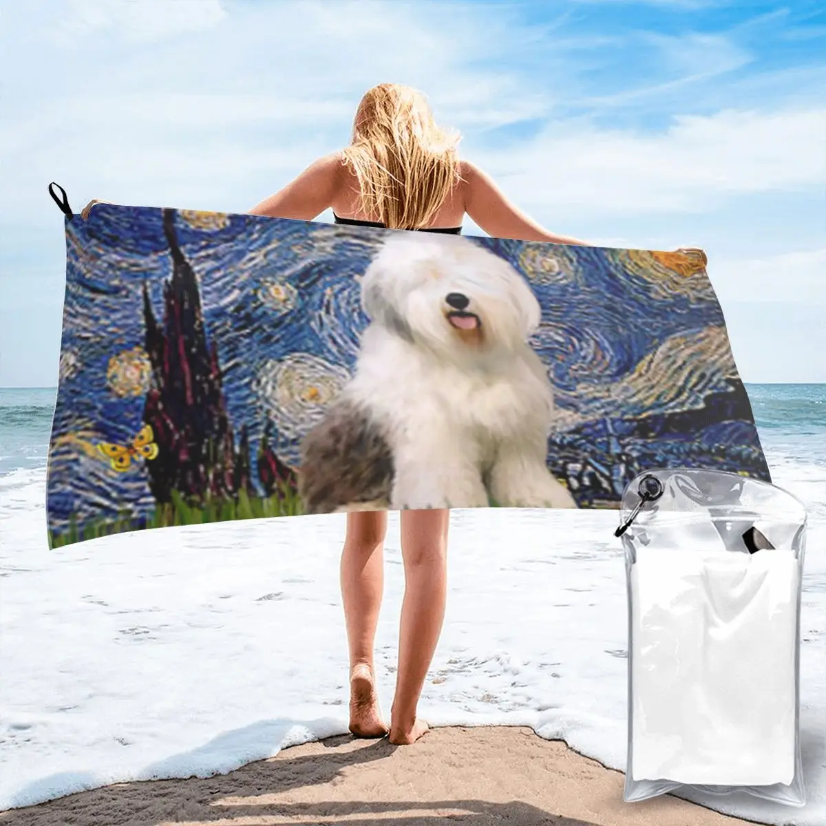 Starry Night Feature An Old English Sheepdog Beach Towel Soft Microfiber Quick Dry Absorbent Quick Towels For Pool