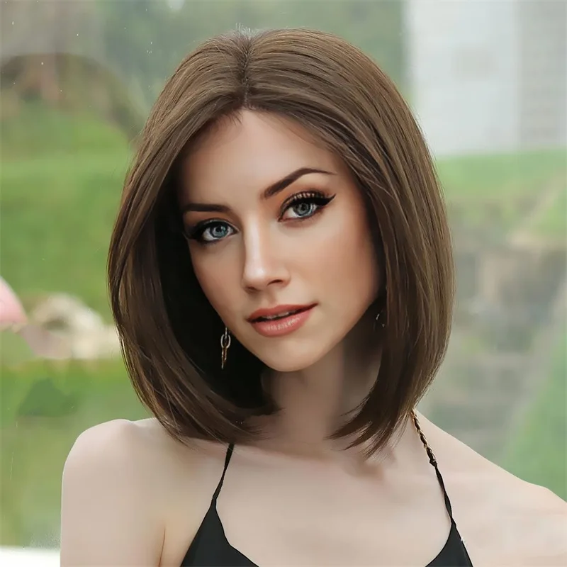 Elegant Women's Light Brown Short Straight Bobo Wig Center Part Synthetic Hair Extensions Full Head Cover Ladies Hair Wig Hat