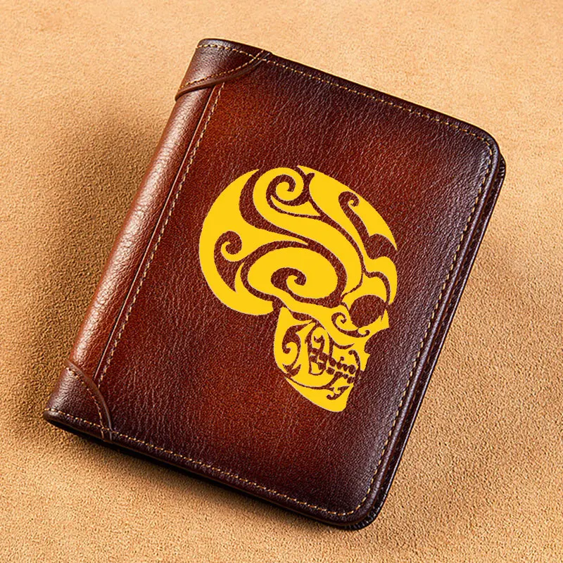 

High Quality Genuine Leather Men Wallets Classic Golden Skull Punk Style Short Card Holder Purse Trifold Men's Wallet BK3837