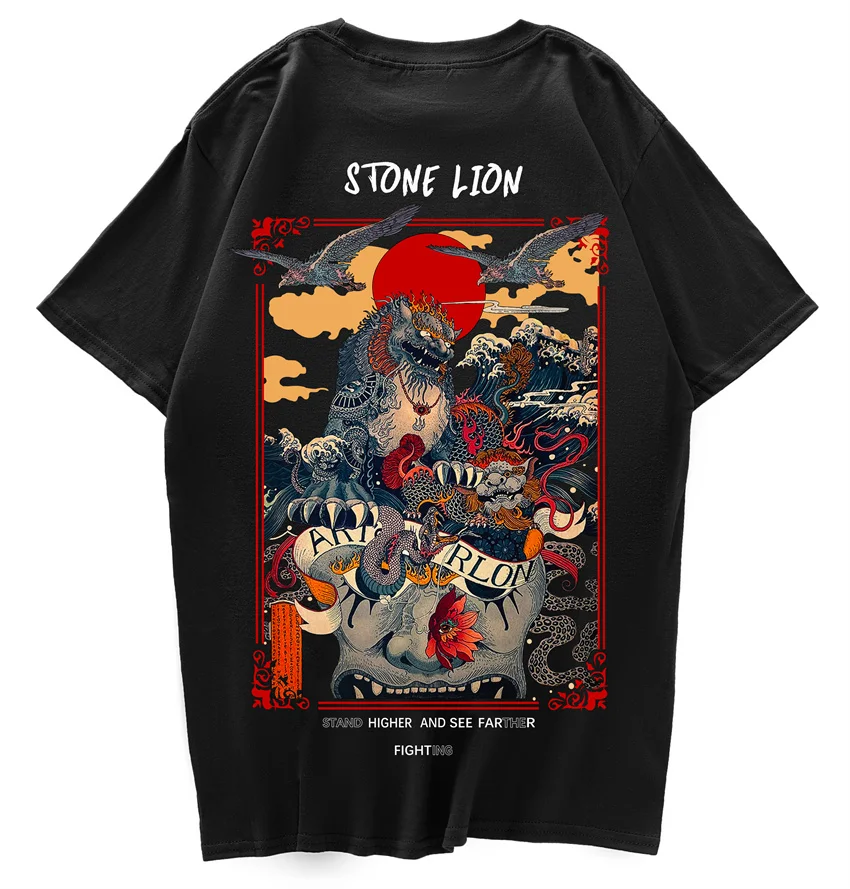 RHTLN Chinese Stone Lion Printed Streetwear T Shirts 2022 Mens Harajuku Hip Hop Casual Street Tees Male Cotton Tshirts Topss