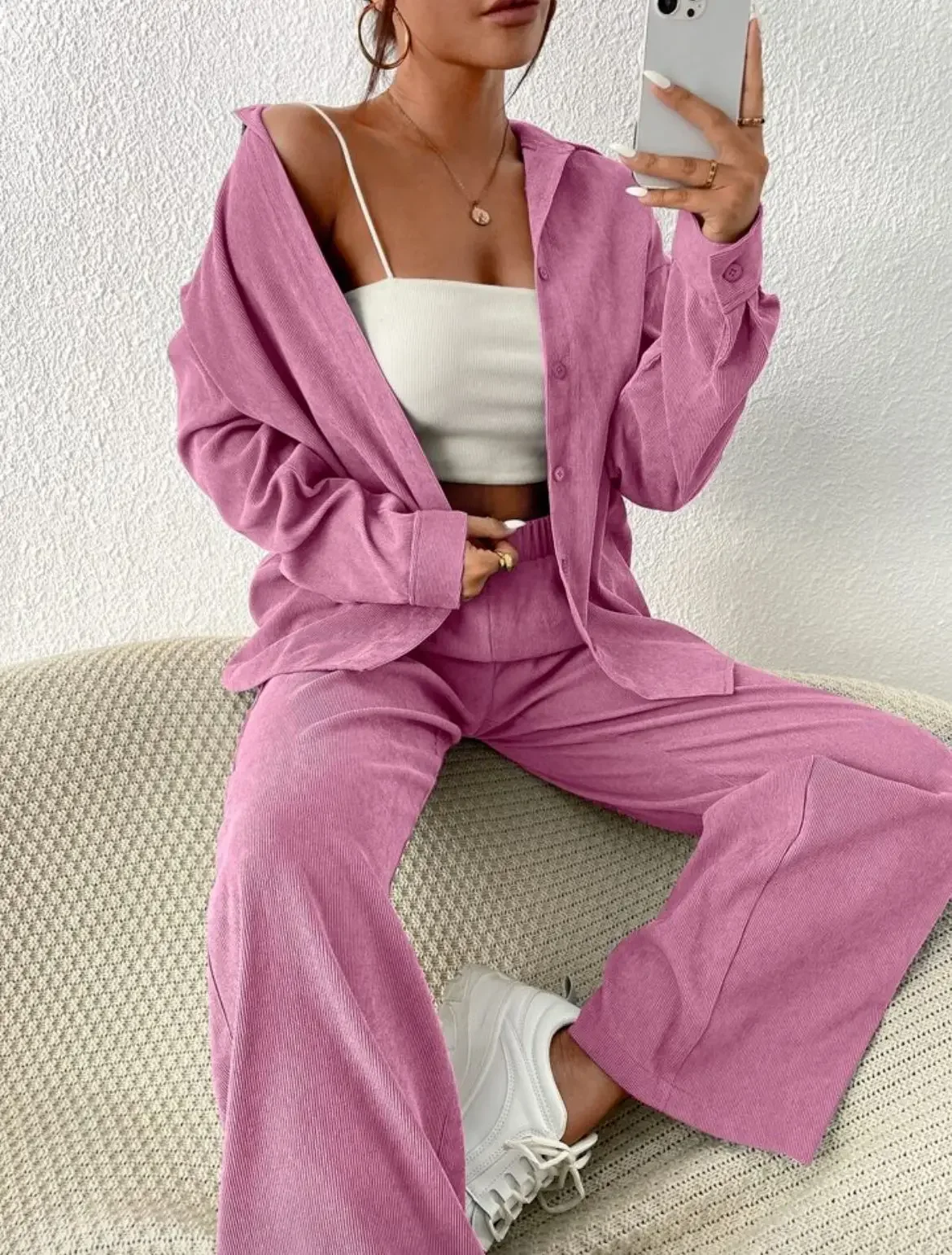 Women Pant Sets Two Piece Turn Down Collar Solid Long Sleeve Single Breasted Loose Casual Elastic Waist Wide Leg Pants