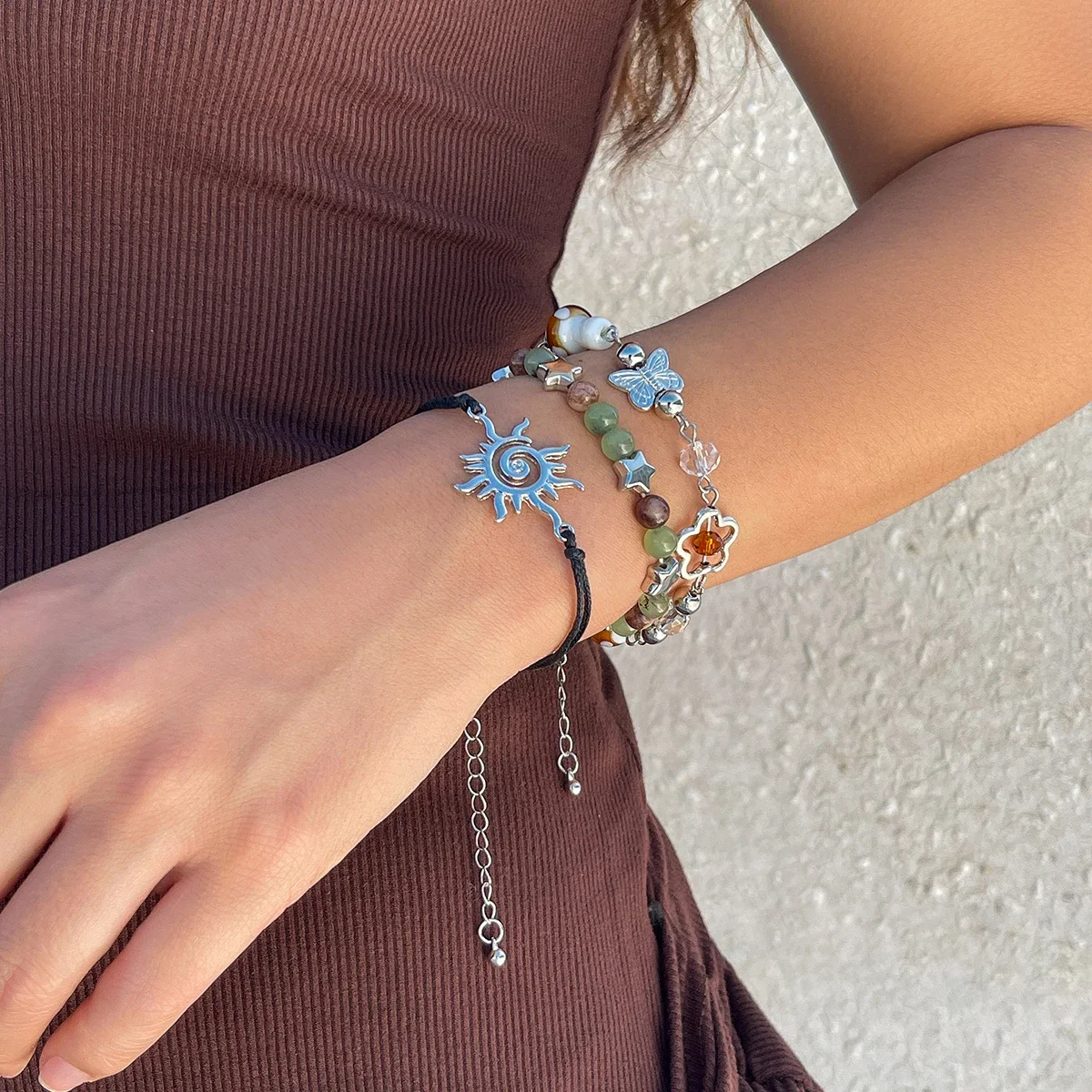 New 3Pcs Kpop Mushroom Butterfly Chain Bracelets Set for Women Summer Wed Bridal Boho Flower Bead Charm Bangles Y2K Jewelry view 2