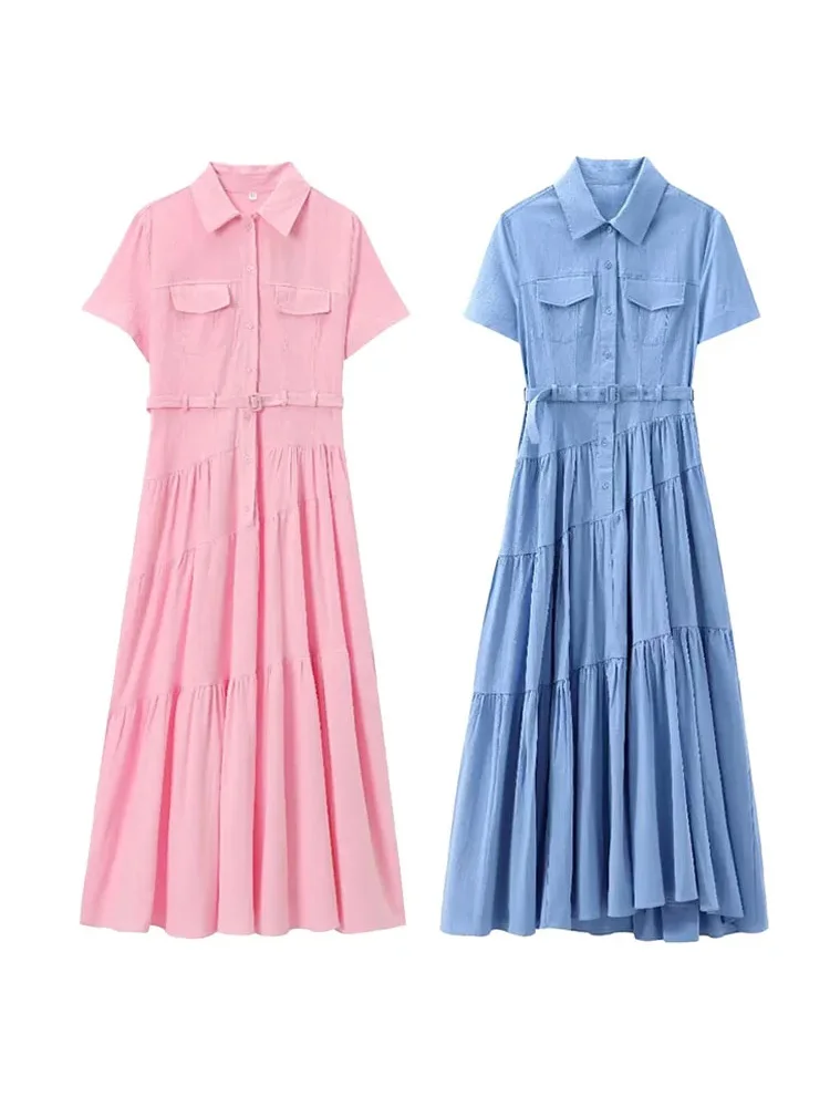 

HH TRAF Summer Casual Short Sleeves Lapel Long Dress with Belt Elegant Single Breasted Pleated Dresses Female Fashion Midi Dress