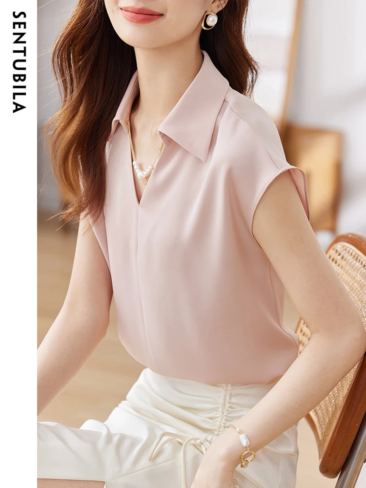 SENTUBILA Office Lady Chiffon Blouse 2024 Summer Turn-Down Collar Solid Sleeveless Shirt Top Woman Shirts & Blouses 132V49689