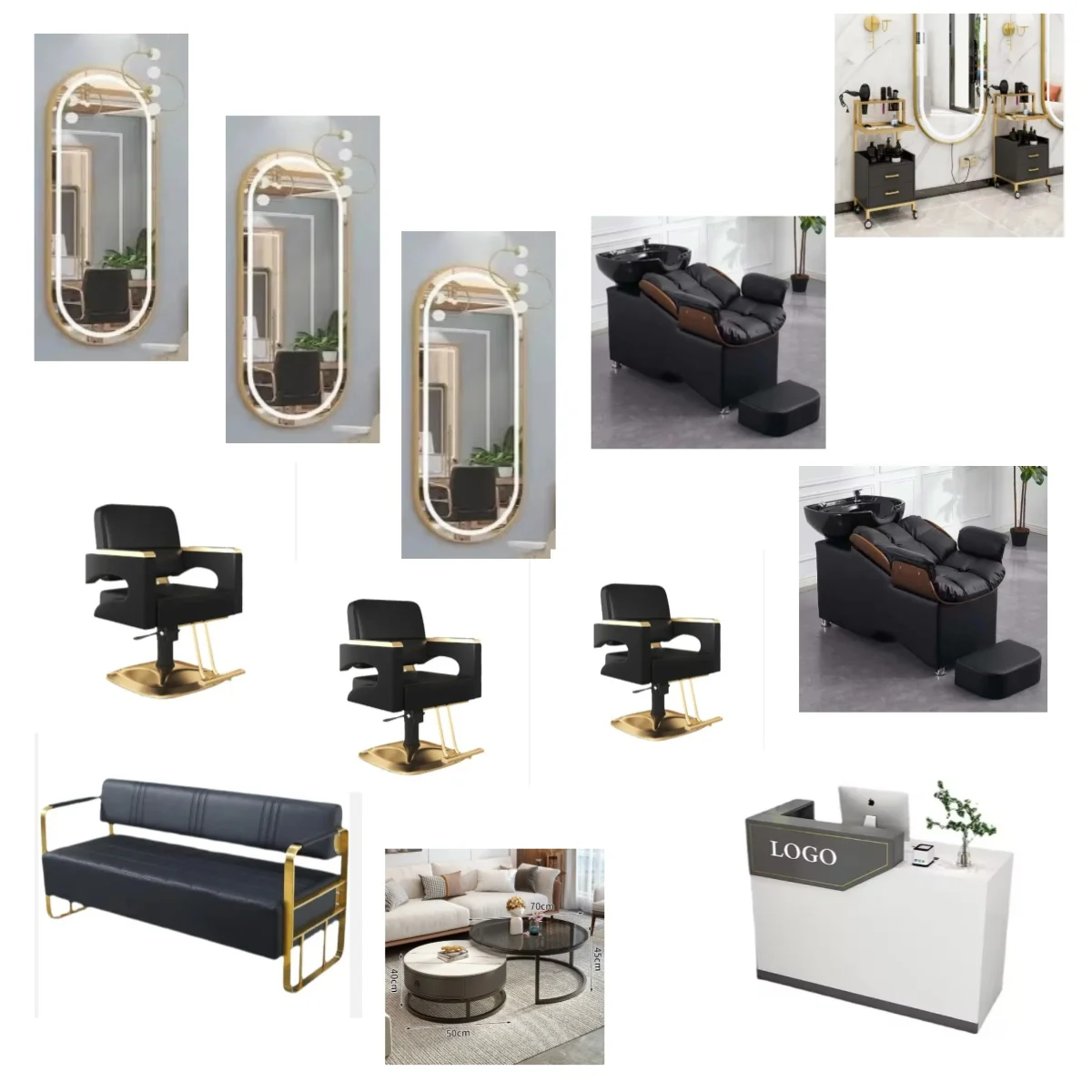 

Luxury l Hair Salon Furniture Set Equipment Black Gold Beauty Barber Shampoo Manicure Chair and Mirror Set for Sale