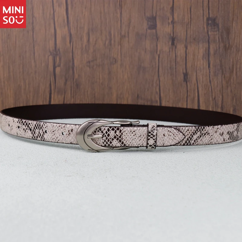 حزام Miniso Buckle Snake Print، حزام خصر من الجلد الطبيعي للنساء والرجال، أنيق وبسيط