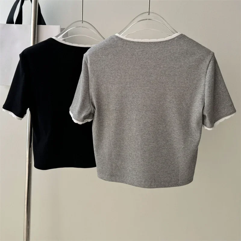 Round Neck Women T-shirt Short Sleeve k930693 Khaki Color Soft T Shit Cloth Spring Summer Runway Streetwear Elegant Elastic Knit