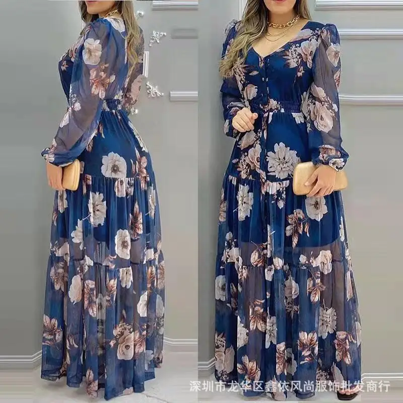 Women V-neck Chiffon Dress Full Sleeve Slim Printed Long Dresses V-neck Muslim Dress Femme Fashion Party Abayas Kaftan Robes