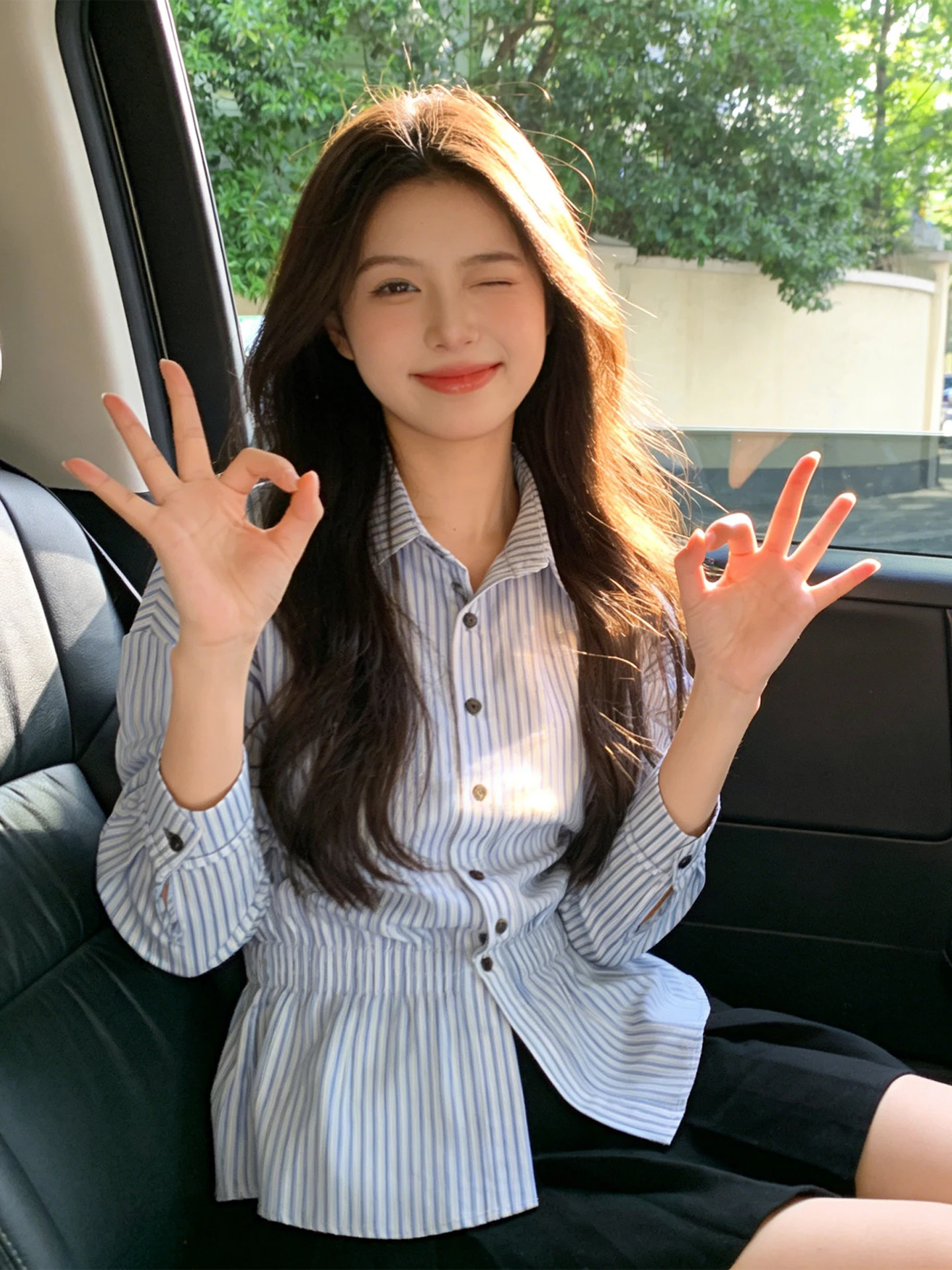 

Blue Striped Women's irt Korean Sle Slimming Long Sve Spring 2026 New Arrival Premium Feel Youthful Waist-Cinching