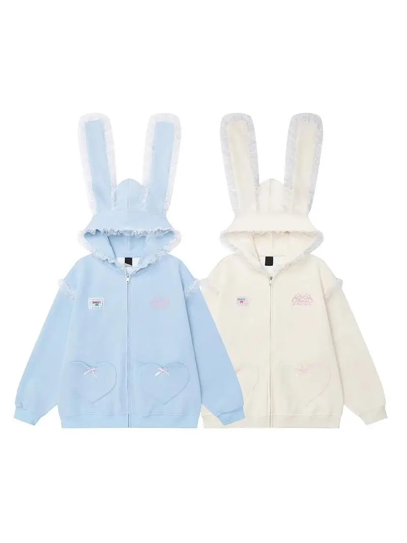 Japanese Coat Lace Rabbit Ear Hooded Sweatshirts Jacket Women's Spring and Autumn Casual Sweet Zipper Cardigan 2025 New