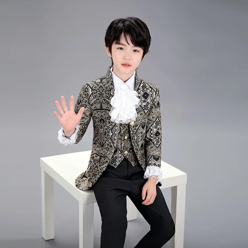 Boys European Style Court Drama Costume Children Golden Flower Stage Prince Charming Performance Clothing Set Kids Blazer Pants