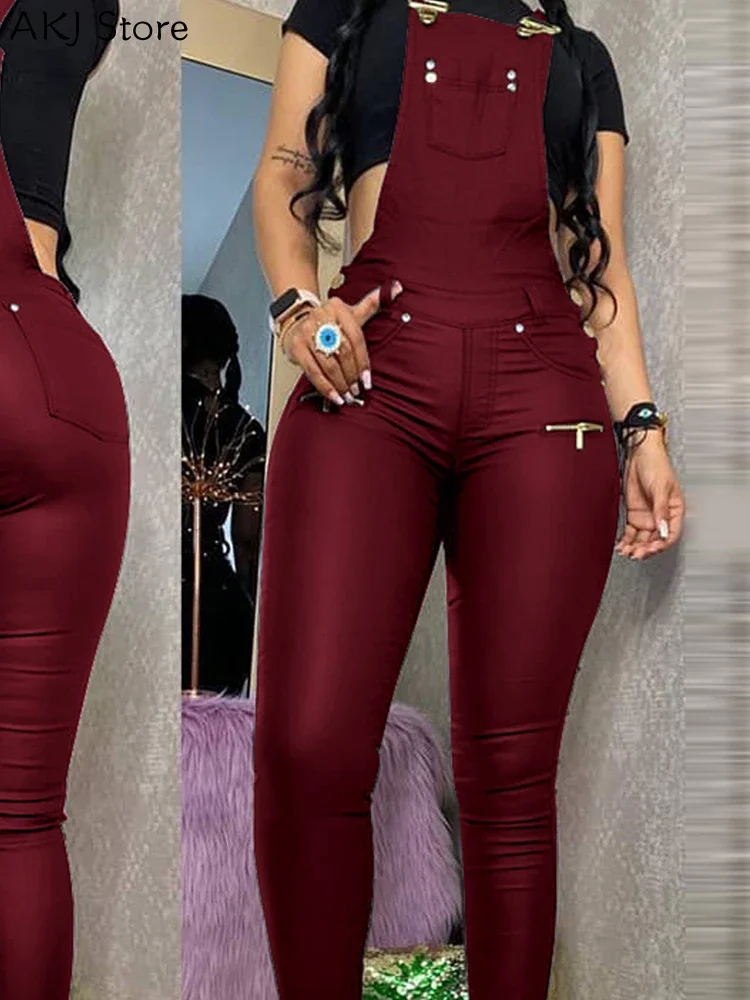 Women One Piece Outfits PU Jumpsuits Buckled Zipper Design Suspender Jumpsuit