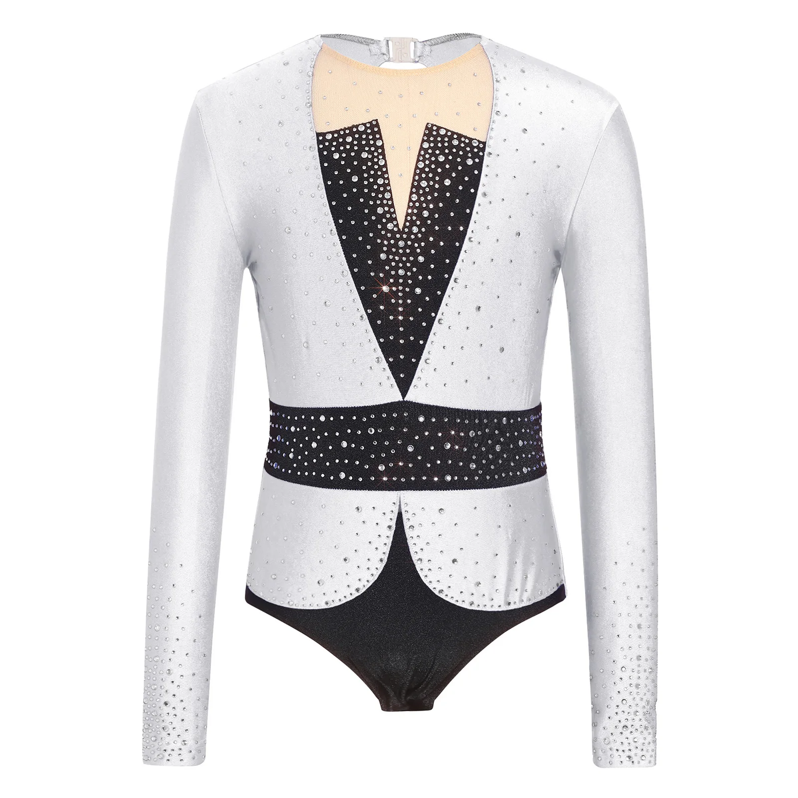 6-16Y Girls Figure Skating Rhythmic Gymnastics Leotard Long Sleeve Shiny Rhinestones Mesh Bodysuit for Ballet Dance Acrobatics