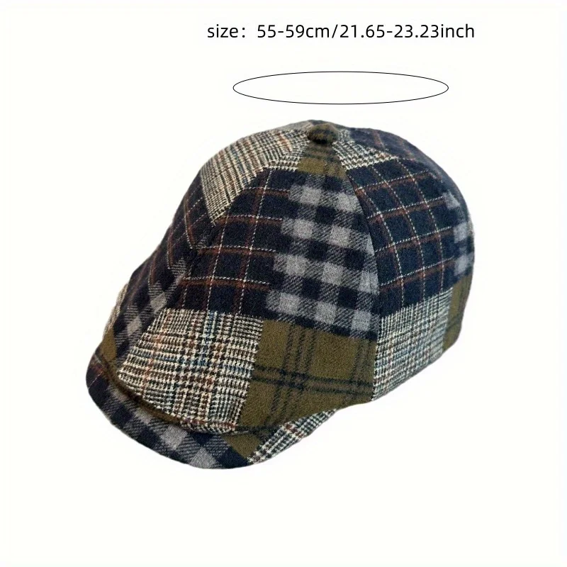 Vintage British Style Plaid Beret Cap for Men & Women - Lightweight, Elastic Fit, Brown & Black Check Pattern, Perfect for Fall/