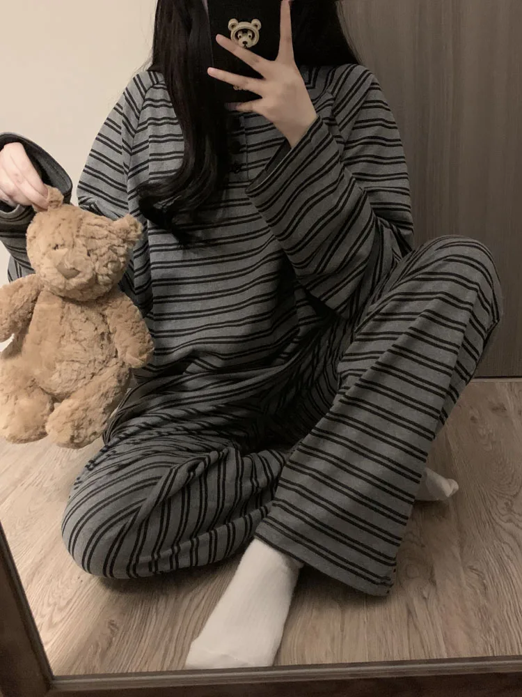 Large size 100kg striped pure cotton long sleeved pajama set for women\'s spring autumn 2024 new autumn can be worn externally