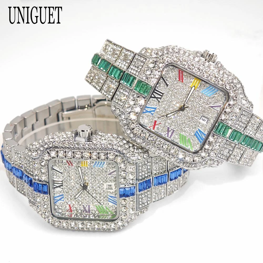 UNIGUET orologio con diamanti di lusso per uomo moda quadrante arcobaleno orologio al quarzo da uomo Hip Hop ghiacciato orologio da polso quadrato regalo maschile caldo