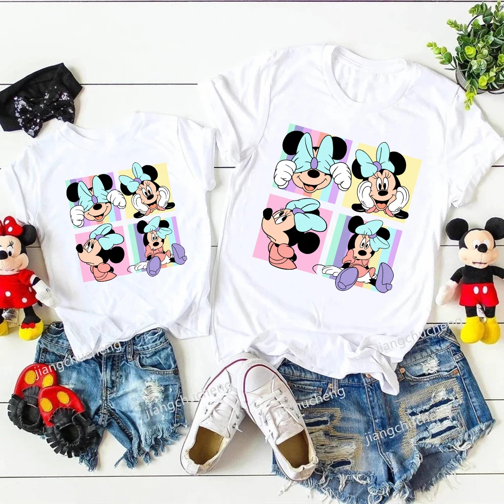 New Disney Minnie Mouse Shirts Cute Mother and Kids Tshirts Tops Baby Romper Funny Look Disneyland Trip Family Matching Outfits