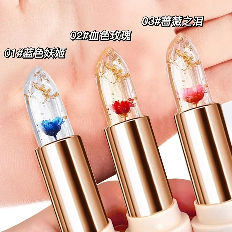 Magic Temperature Color Changing Lipstick Gold Foil Flower Lipstick Waterproof Red Jelly Lip Plumper Makeup Girl Cute Cosmetics