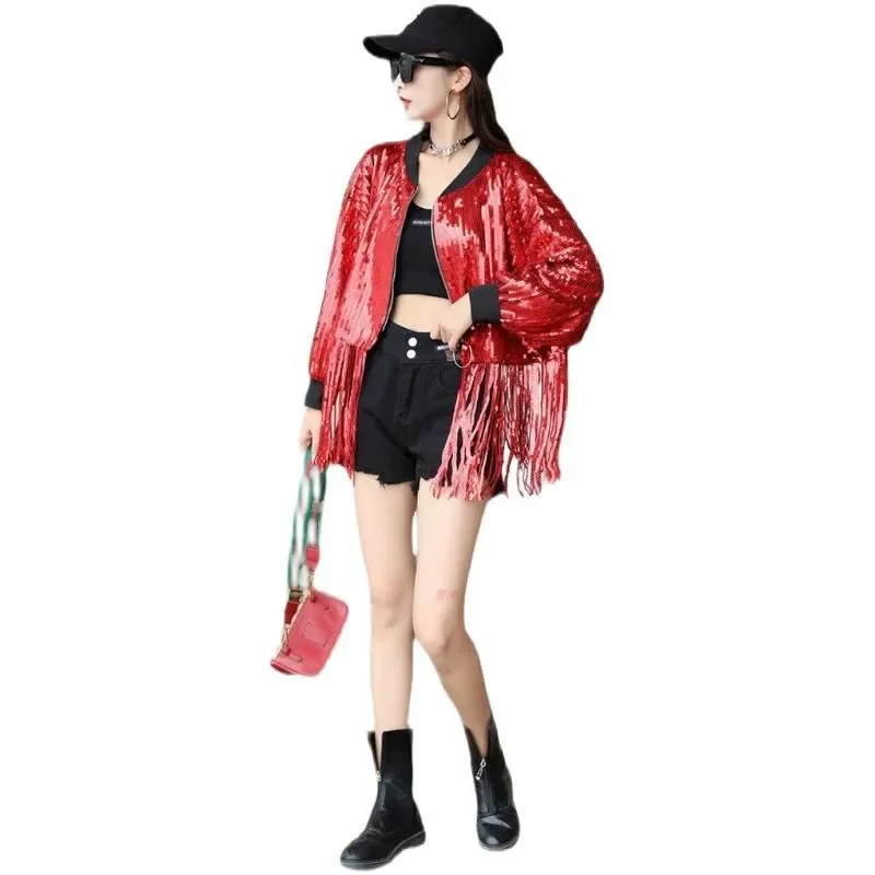 

Новая женская весенняя блестящая короткая куртка с пайетками, свободного кроя, для выступлений на сцене, для ночных клубов, модная одежда для певиц в уличном стиле