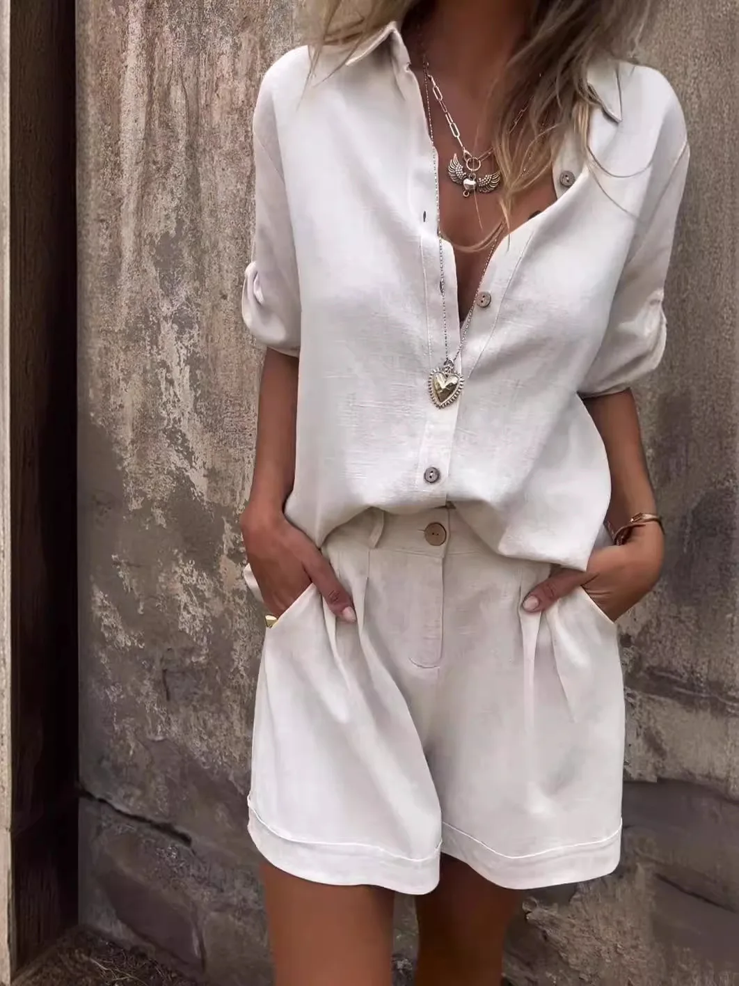 Casual Clothing Cotton Linen Blouse Shorts Set Solid Loose Short Sleeve Top Two-piece Set Fashion