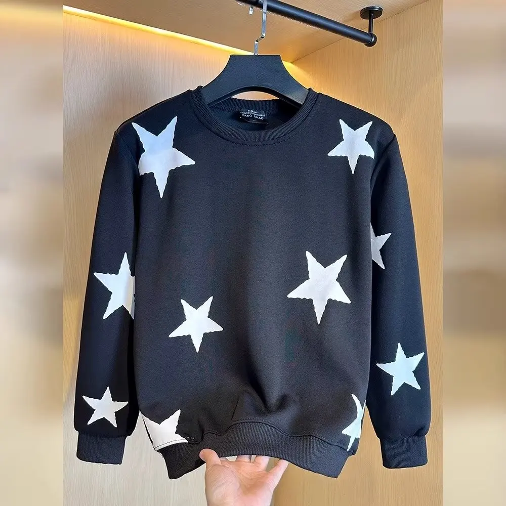 Autumn Harajuku Men Sweatshirts Black Long Sleeved T-shirt Men Clothes Stars Graphic top Crewneck for Men Streetwear 2024
