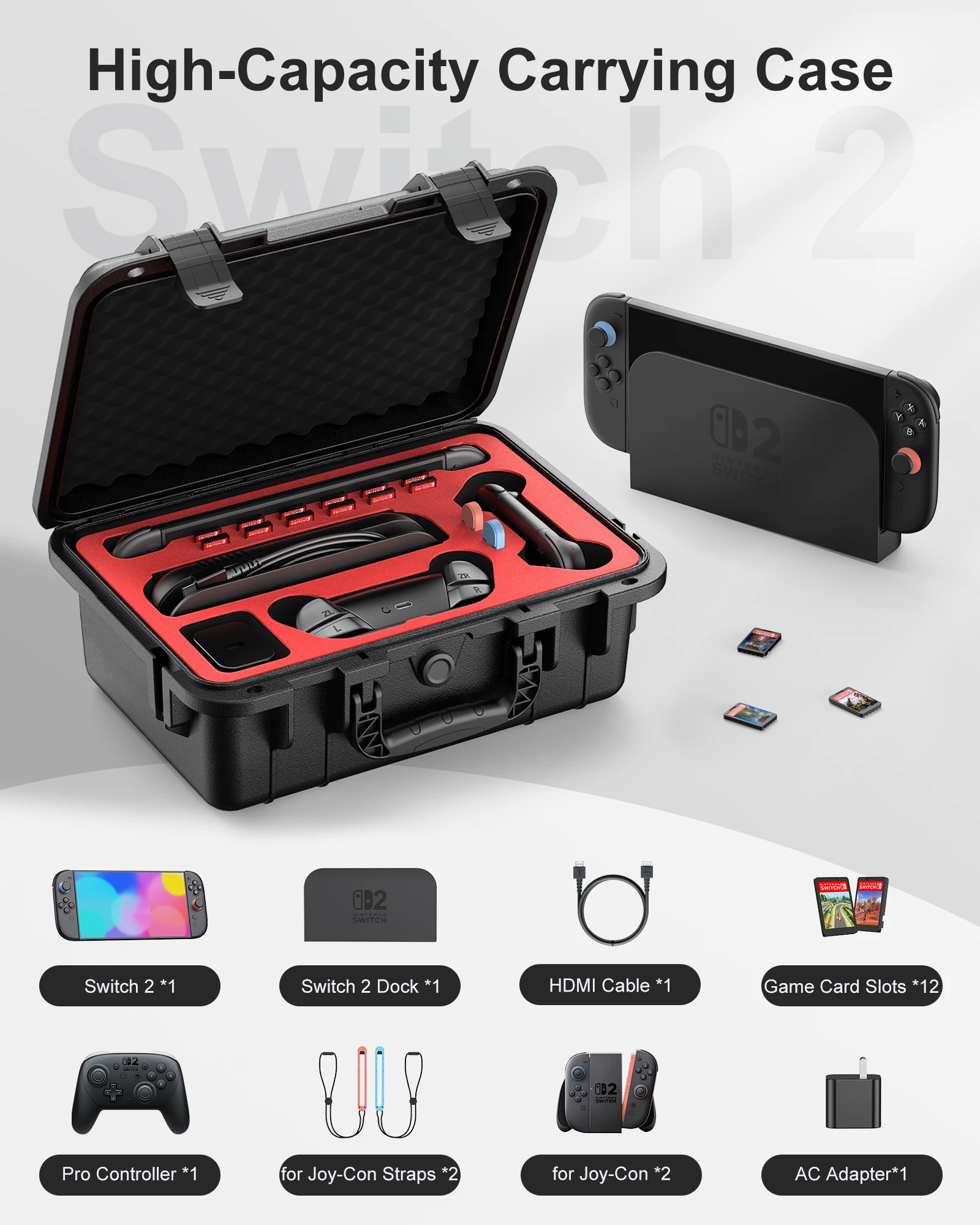 Hard Carrying Case for Nintendo Switch 2, Professional Deluxe IP67 Waterproof, Soft Lining Hard Travel Case for Nintendo Switch
