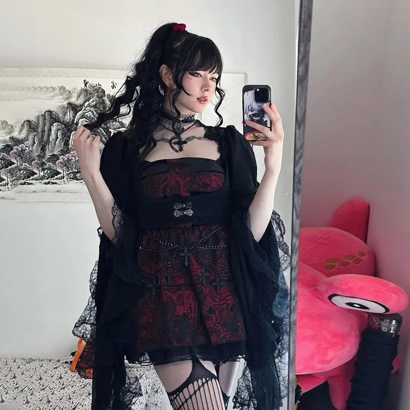 شبكة دانتيل سوداء قوطية شفافة بأكمام واسعة غطاء جمالي أنيق عتيق للنساء قطع علوية قصيرة موضة خريف جديدة #4