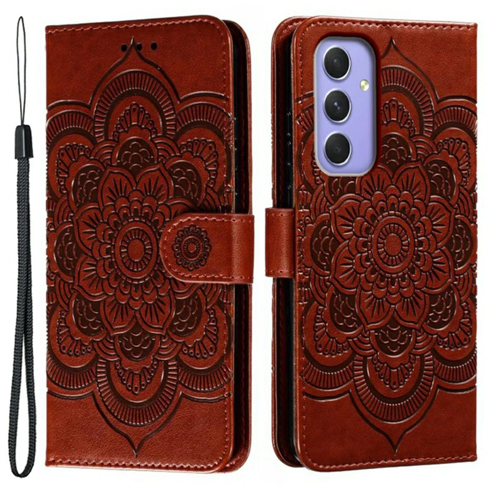 For Samsung Galaxy S26 FE Case PU Leather Mandala Imprinted Design Wallet Phone Cover with Wrist Strap - Brown