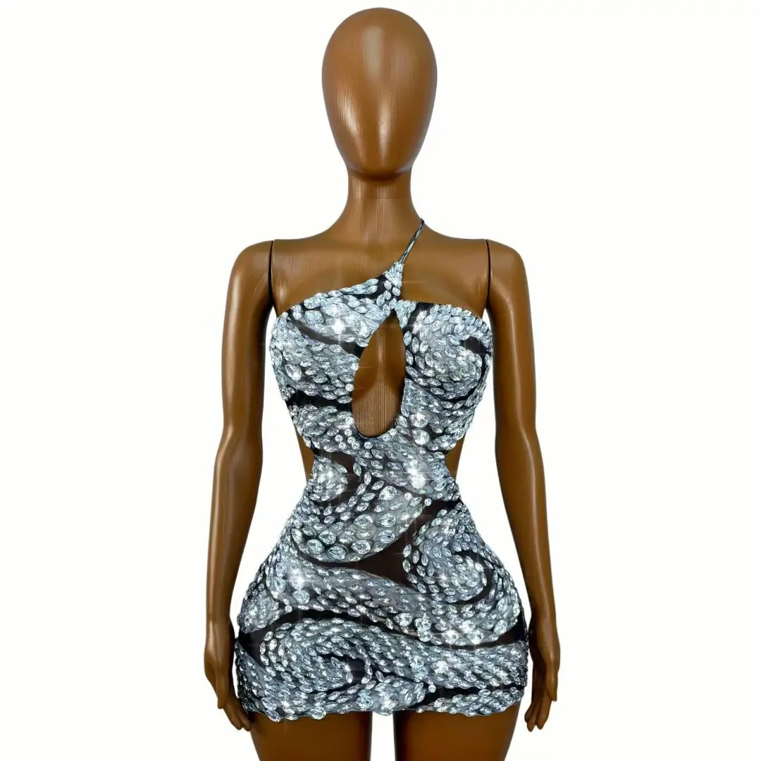 Lianbaishe Elegant Black Mesh Swirl Rhinestone Bodycon Mini Dress One Shoulder Thin Strap Hollow Waist Gala Party Outfit