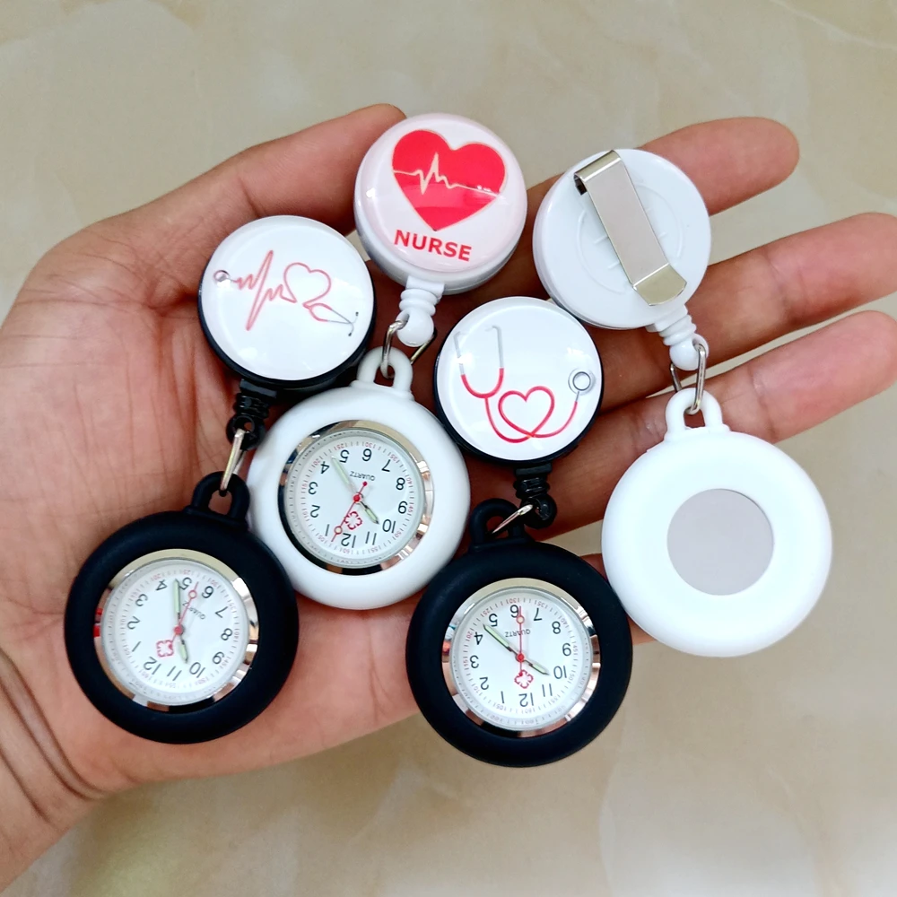 Hospital Health Care Medical Nurse Doctor Love Heart Beat Stethoscope Retractable Badge Reel Clip Hang FOB Pocket Watches Clock