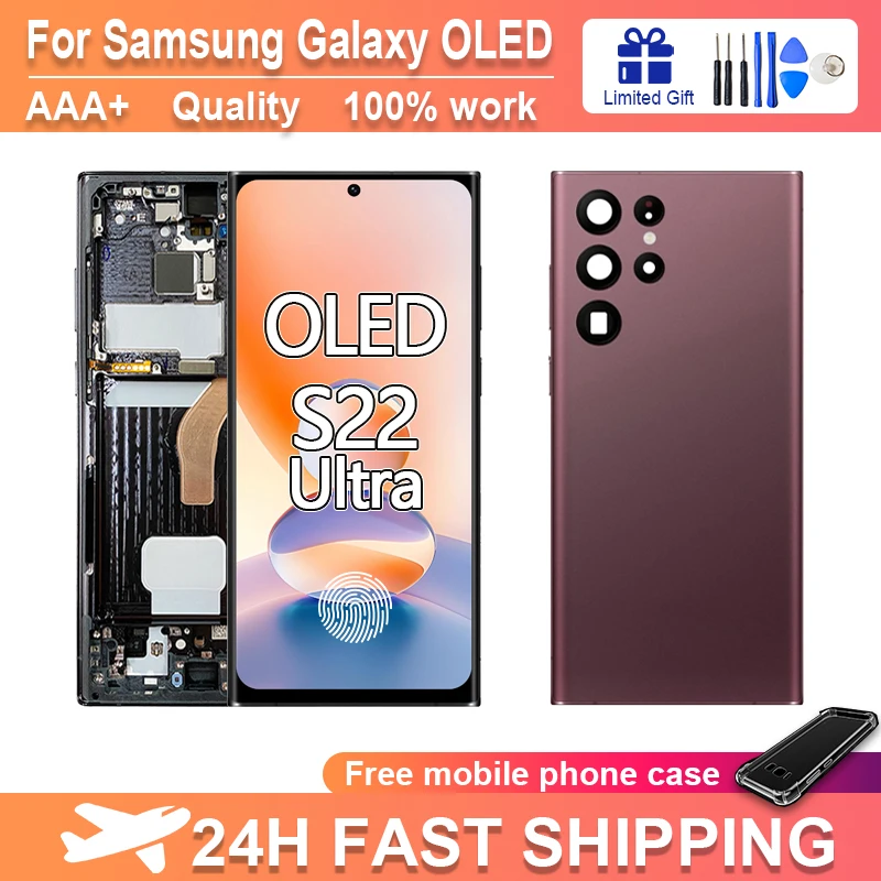 100% Tested OLED Display For Samsung Galaxy S22 Ultra 5G LCD Touch Screen Digiziter Assembly For S908U S908 S908B S22Ultra LCD