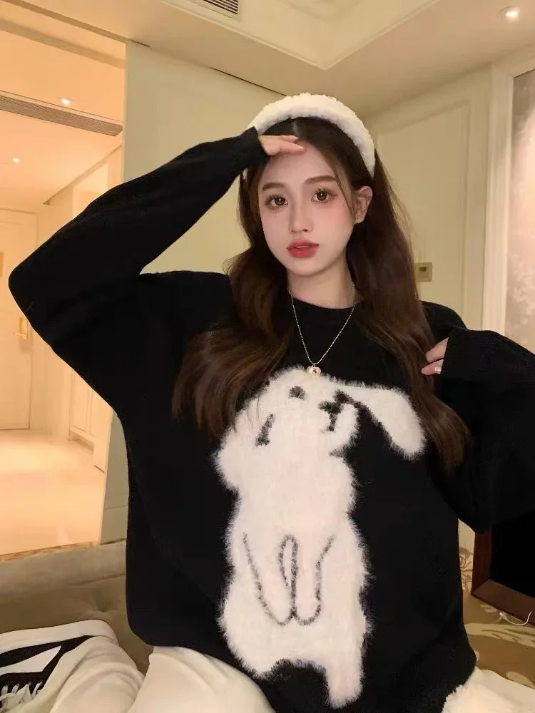 Cute Rabbit Plush Y2kTop Sweater Joker LooseKnitted Shirts Autumn Winter Women Solid Color Kawaii Puppy Round Neck Ins Cashmere