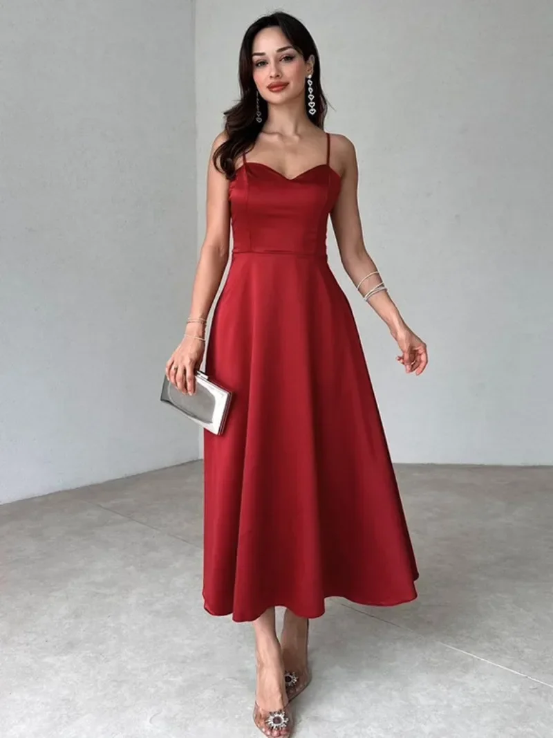 Elegantes, sexy V-Ausschnitt, ärmellos, hohe Taille, A-Linie, Satin, langes Kleid, Damen, Spaghettiträger, Tuniken, Abendparty, Kleider, Rot, Schwarz