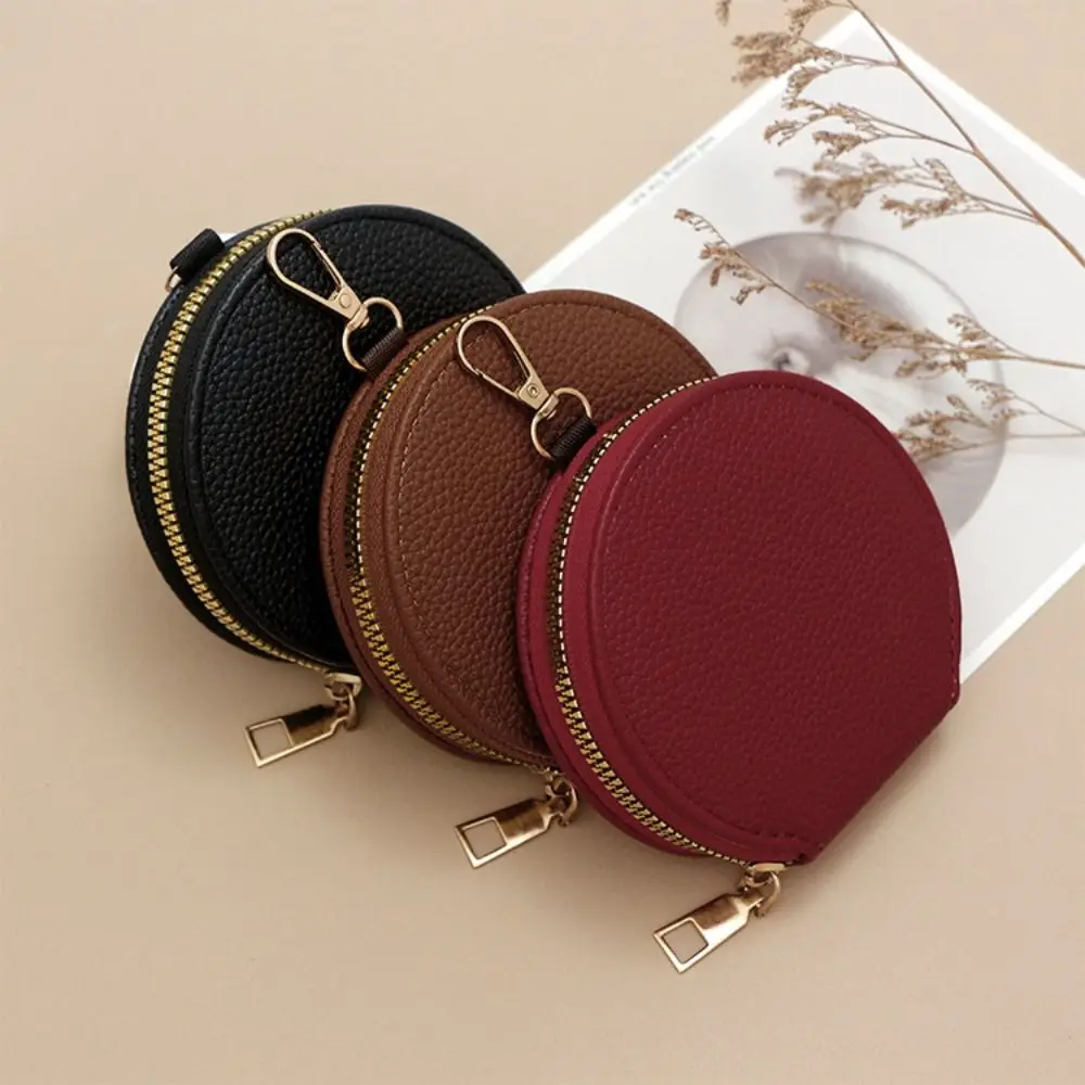 Korean Style Women Round Wallet Small PU Leather Card Holder Bag Zipper Coin Purse Girls Money Bag with Chain