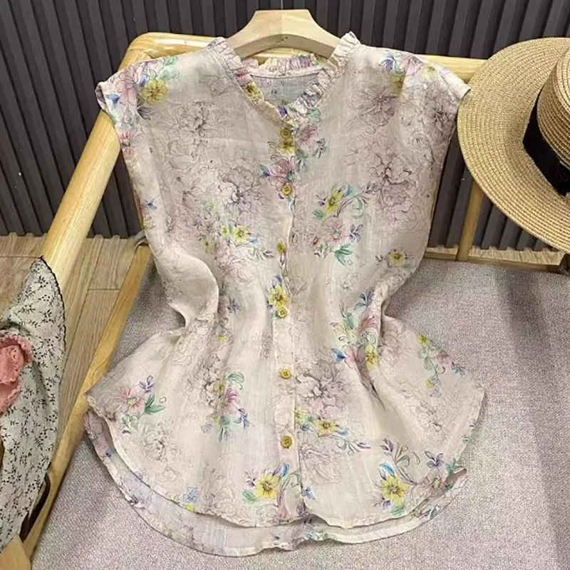 

Women's Floral Print Linen Blouse Ruffle Neck Cap Sleeve Button Up Casual Summer Loose Tunic Top