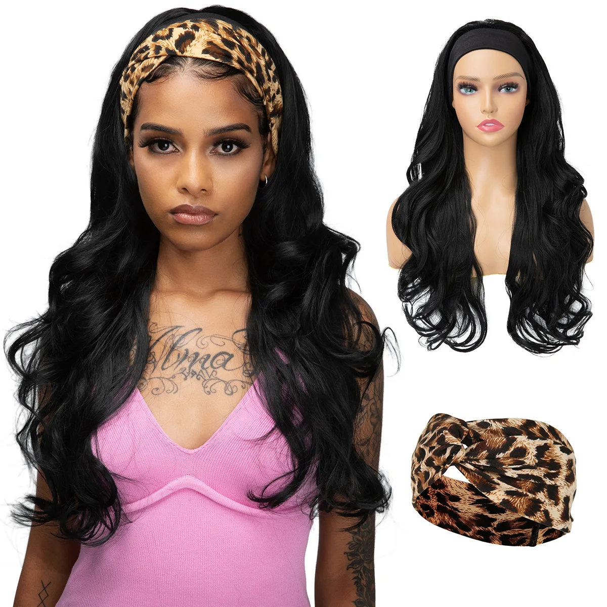 Black, European and American wig, women's hair with Yaki headscarf wig, big wave long curly hair, synthetic half head cover wigs