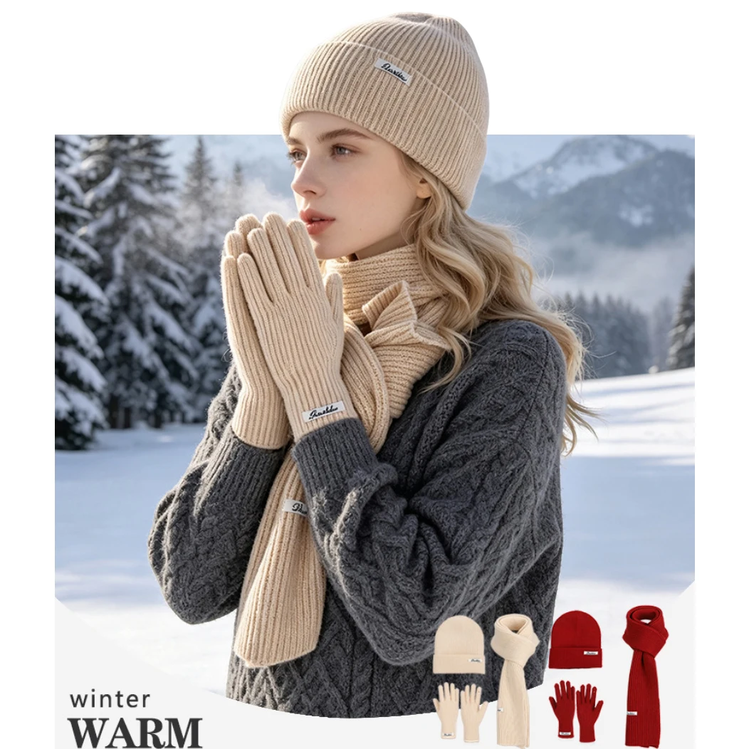 Unisex Winter Knitted Beanie Scarf Touch Screen Gloves 3Pcs Set Solid Color Warm Windproof Outdoor Cold Weather Accessories