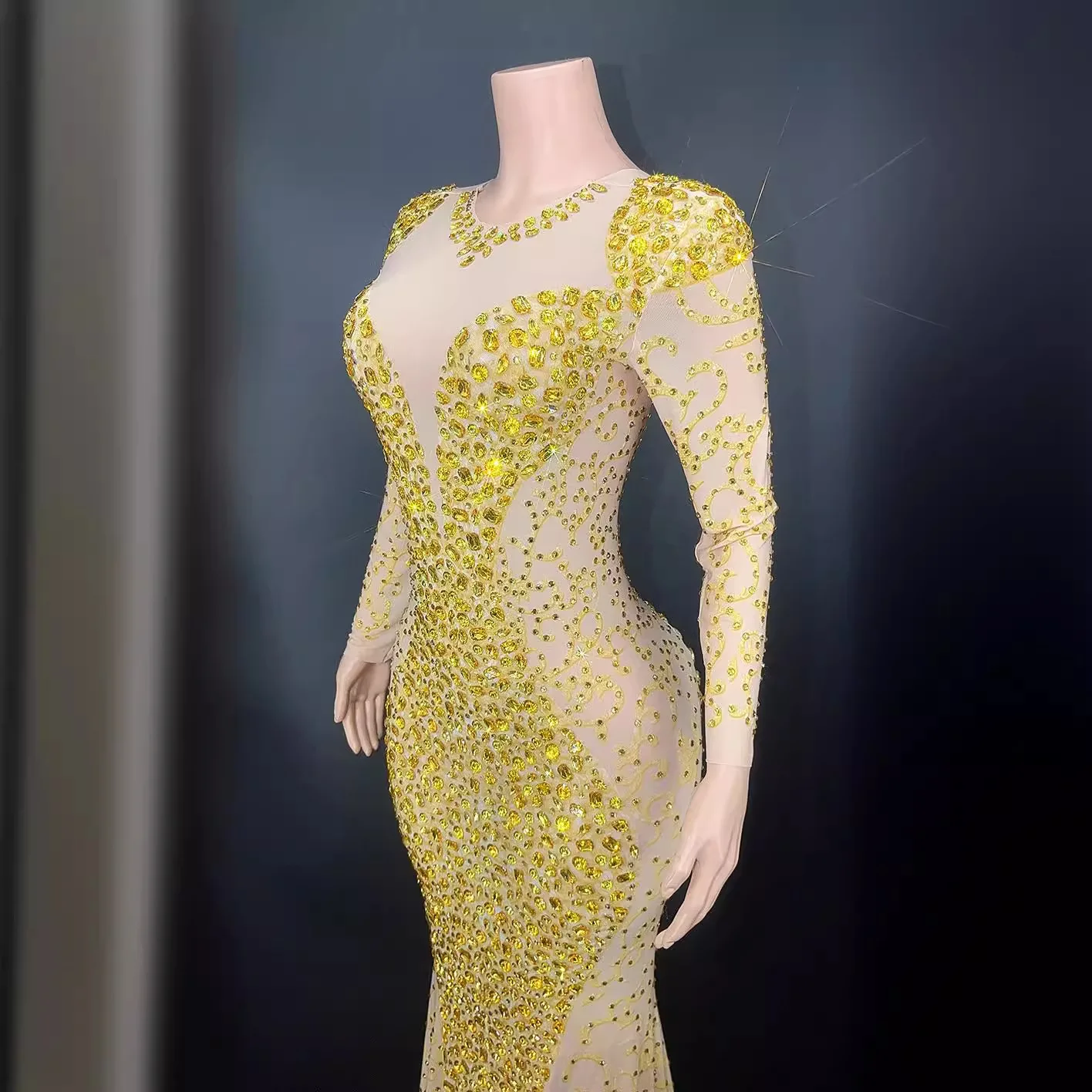 วันเกิดเพชรแขนยาวหรูหราชุด SHINY GOLD PARTY ผู้หญิง Abendkleider Damen Elegant Vestidos De Fiesta Grad
