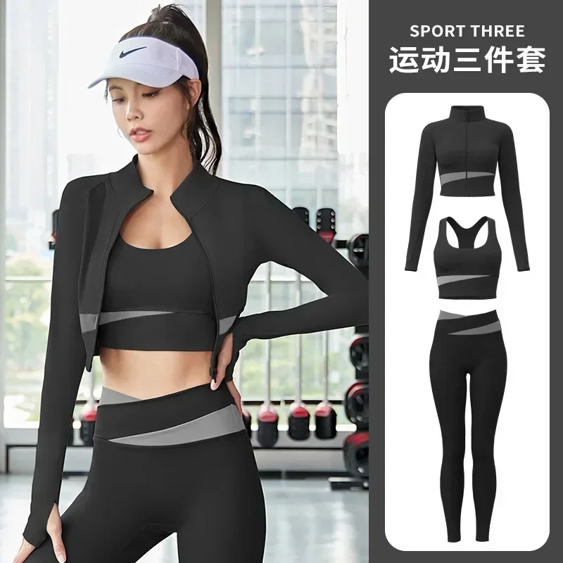 Women Yoga Patchwork 3 Piece Set Fitness Gym Coats+Bra+Leggings Workout Running Sportswear Clothing Tracksuit Ensemble Femme image 4