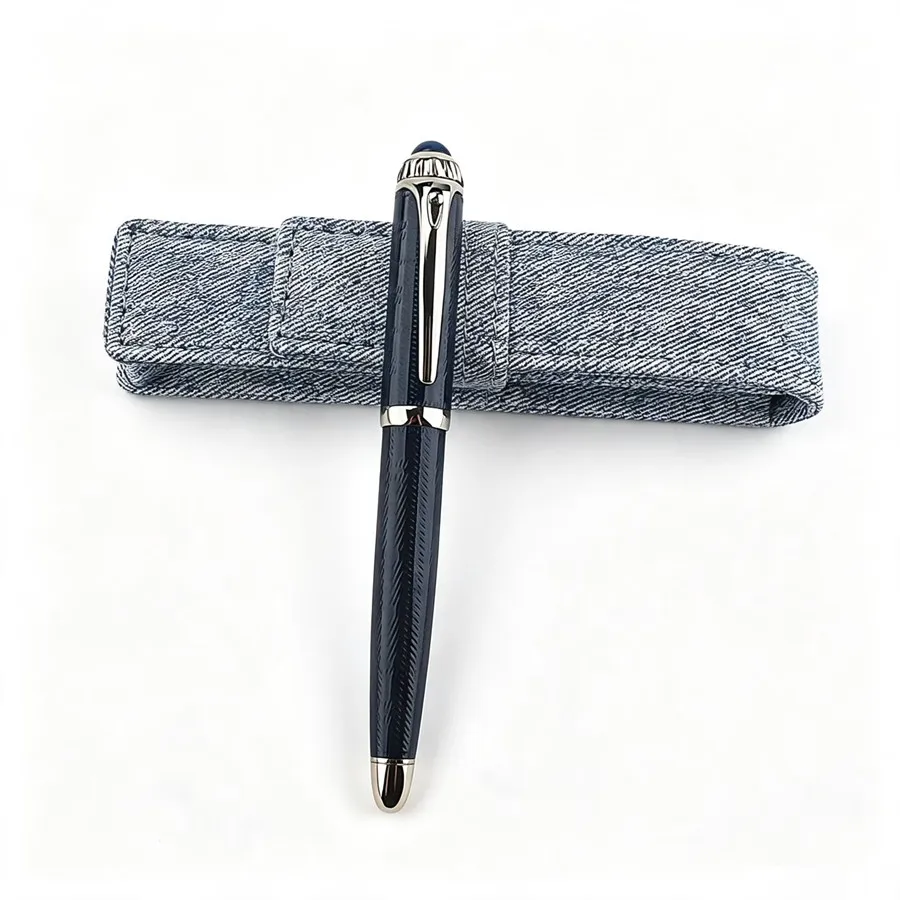 Luxury Metal Ballpoint Pen Engraved Texture Blue Business Signature Rollerball Pen Gift Writing Office Pens with Denim Pen Case