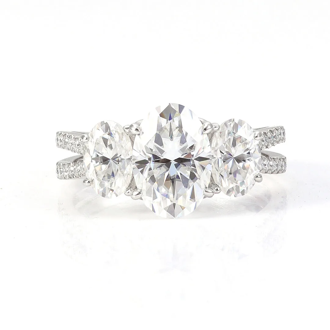 Item：Provence Platinum Three Stone Ring With 8*12mm Oval Shape Diamond GRA Cert For Women Two Rows Half Pave Band Ring