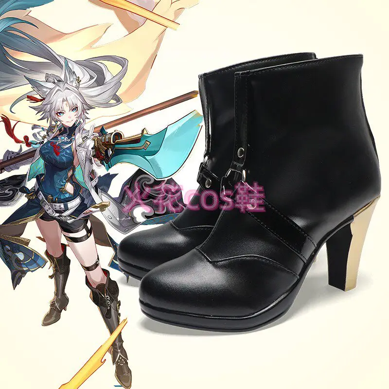 Anime Honkai: Star Rail Feixiao Cosplay Shoes Black High Heels Short PU Leather Boots For Halloween Carnival