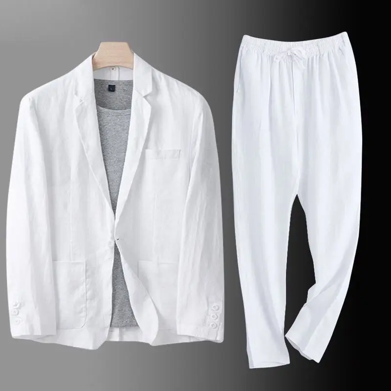 2025 Fashion Linen Suit Set for Men, Sunscreen, Breathable Long Sleeve Straight Pants, Loose Sports and Leisure Jacket 2pcs - Image 4