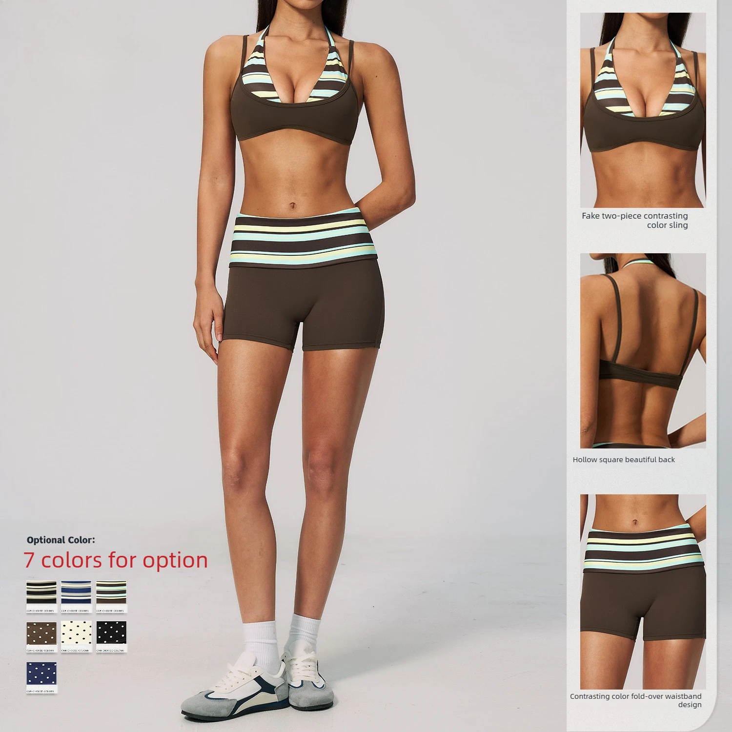 Women 2 Piece Fitness Outfit Mock Two-Piece Halter Polka Dot Sports Bra Fold Over Waist Shorts Yoga Set Workout Pilates Outfit